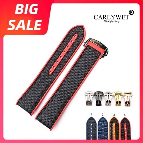 CARLYWEY 20 22mm Blue Red Rubber Silicone With Nylon Replacement Watch Band Strap For Omega Planet Ocean 45 42mm With Clasp