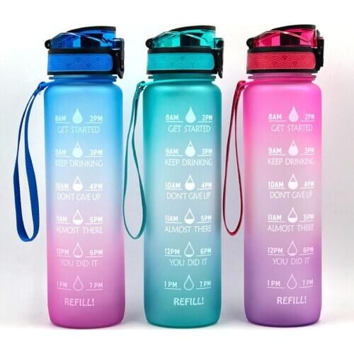 1000ML Gradient Sports Bottle Power Kettle With Time Stamp Tritan Shaker Outdoor Travel Camping Hiking School Plastic Drink