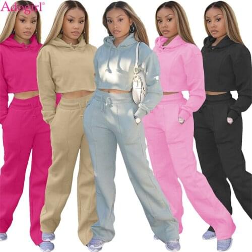 Adogirl Solid Fleece Women Tracksuit Autumn Winter Casual Two Piece Set Long Sleeve Hoodies Crop Tops Wide Leg Pants Suit