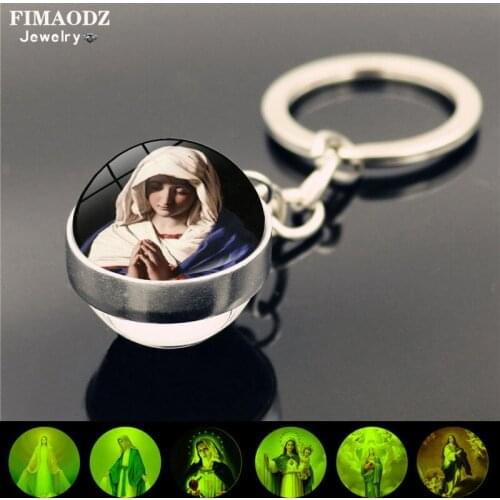 FIMAODZ Luminous Jesus Keychain Blessed Virgin Mary Mother of Baby Art Double Sided Glass Ball Pendant Key Chain Christian Gift