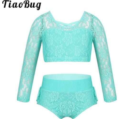 TiaoBug Kids Girls Floral Lace Sports Dance Wear Crop Tops with Ruffle Briefs Set Children Gymnastics Ballet Performance Costume