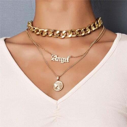 Vintage Multilevel Exaggerated Thick Chain English Word Angel Portrait Necklace Art Letter Angel Pendant Necklace For Women