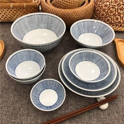 LingAo Japanese ceramic blue line， rice, soup, noodles, snack bowls，round dish