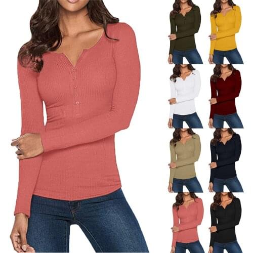 Autumn Spring Womens V Neck Shirts Long Sleeve Solid Button Down Slim Fit Basic T-shirts Tops Tees 2020 women fashion clothing