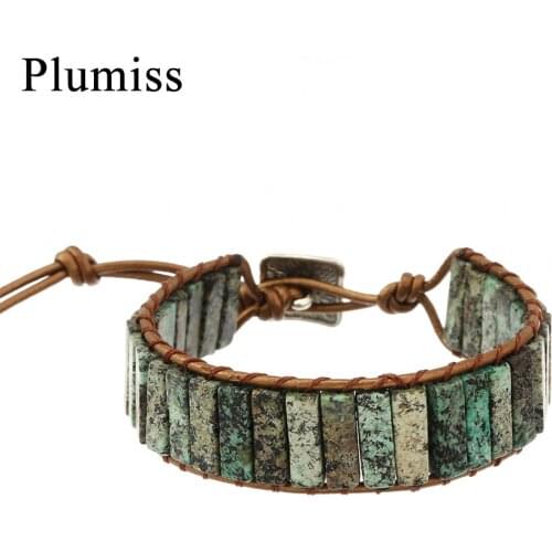 Leather Wrap Bracelet Geometric Oblong Green Natural Stone Geometric Beads Statement Bracelets Handmade Jewelry for Women