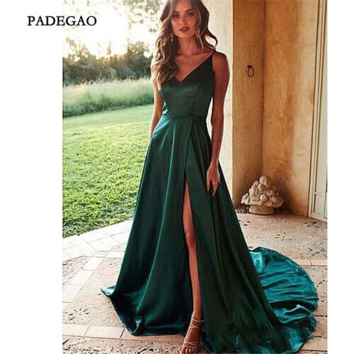 Hot Sale Green Evening Dresses Long V-Neck Party Dress A-Line Side Split Stain Sweep Train Evening Dress Plus Size