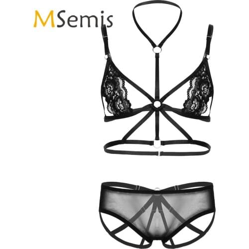 2Pcs Mens Sissy See Through Sheer Lace Lingerie Set Halter Neck Crossed Front Bra Top with Low Rise Open Butt G-string Briefs