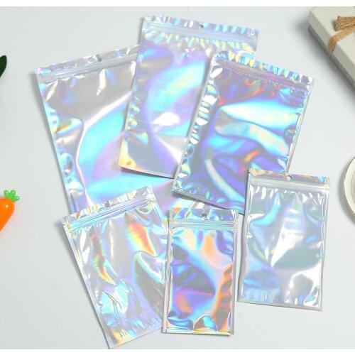 50 pcs/pack Plastic Bag Aluminum Foil Hologram Food Pouch Small Water Proof Zipper Reclosable Pouches Zipper Storage Bags