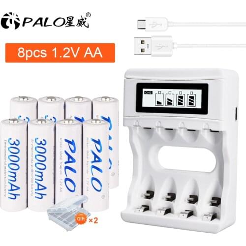 PALO 8pcs AA NiMH 1.2V 3000mAh Ni-MH 2A Pre-charged Bateria Rechargeable Batteries for Camera with LCD display batterycharger