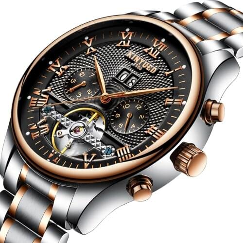 Stainless Steel Automatic Mens Watch Flying Tourbillon Skeleton Mechanical Self Winding Watches Men Calendar Relogio Masculino