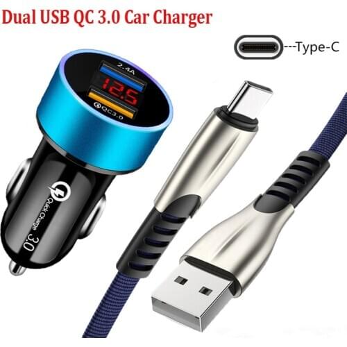 QC 3.0 Metal Dual USB Phone Car Charger For Xiaomi Mi CC9 9T A3 8 9 10 Lite Redmi Note 8T 9S 7 8 9 Pro Type-c USB Charging Cable