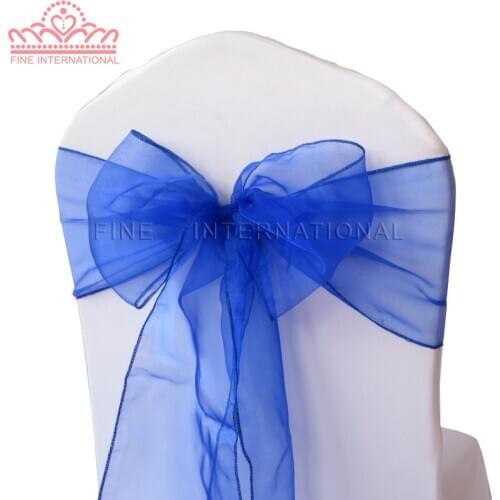 Free Shipping 100PCS Royal Blue Chair Cover Crystal Organza Sash Bow For Wedding Chair