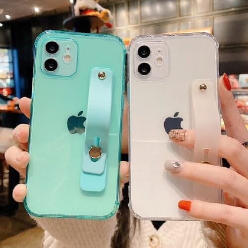 Candy Color Transparent Phone Case For iPhone 12 11 Pro X XR XS Max 12 Mini 7 8 Plus SE 20 Wrist Strap Stand Soft Silicone Cover