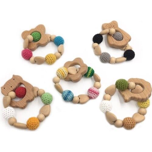 Baby Teether Wooden Heart Crochet Beads Wooden Animals Blend Creative Freedom Teething Shower Dummy Chain Baby Teether Bracelet
