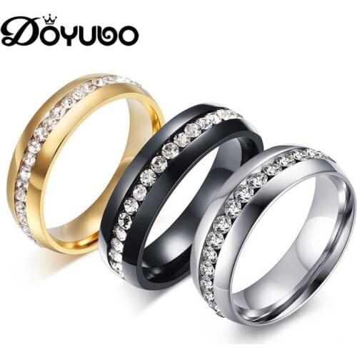 DOYUBO New Arrival Ladies 316L Stainless Steel Rings With Gold/ Black/Silver Color White Cubic Zircon Women Fashion Ring DE031