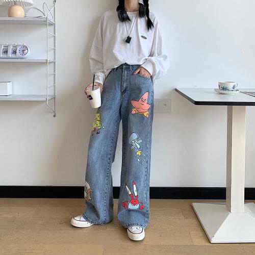 Cartoon Jeans Women Cute Hip Hop Pants Fashion Loose Rock Jeans Harajuku Autumn High Street Casual Funny Pant Streetwear Female
