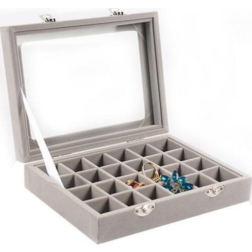Mordoa Grey 24 Slot Velvet Glass Jewelry Box Organizer Rings Earrings Tray Display Storage Case