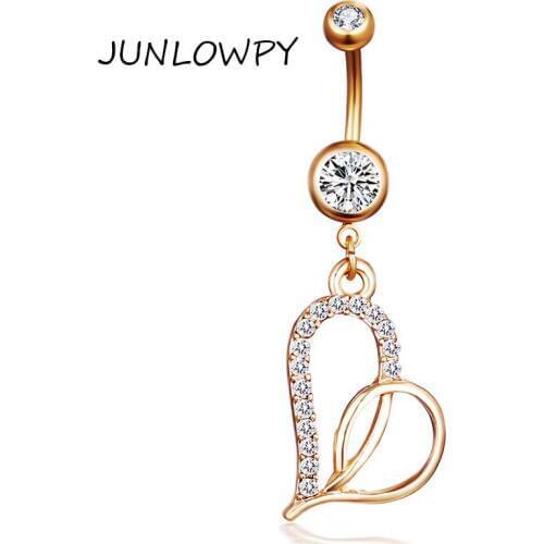 JUNLOWPY Piercing Ombligo 316L Stainless Steel Heart Dangle with Crystal 14G Belly Button Rings Belly Piercing Jewelry