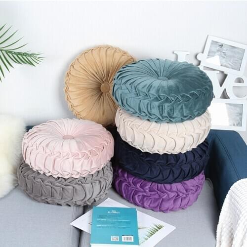 Nordic Round Sofa Pillow Throw Netherlands Velvet Home Cushion Pleated Fabric Handmade Pumpkin Seat Cushion for Office Sofa