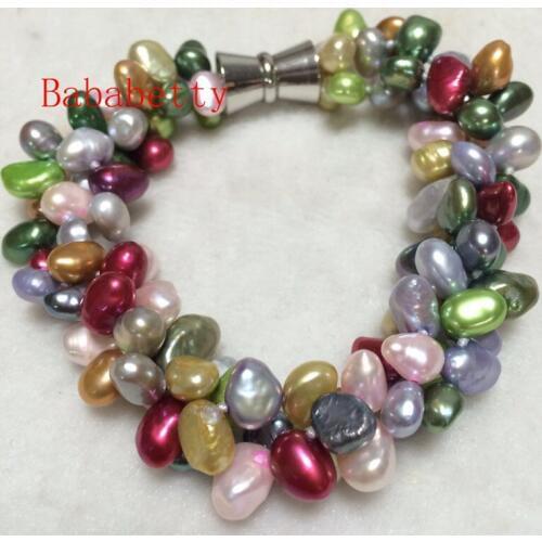 New 3strands 8" 7-8mm baroque Multi-color freshwater pearl bracelet