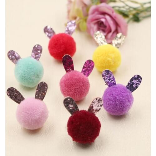 Wholesale 50PCs Round Fur Ball with Glitter Rabbit Ear Decorated Handmade Craft Fit Girls Hair Jewelry Headband Garment Decor