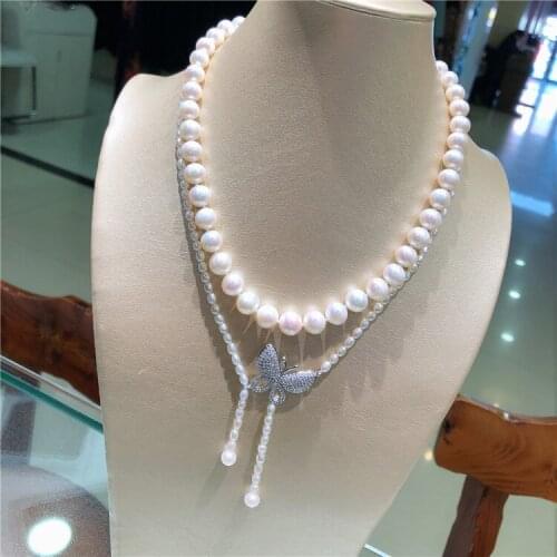 Hand knotted natural 2rows white freshwater pearl butterfly accessories necklace fashion jewelry