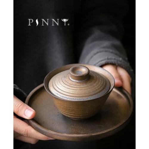 PINNY 130ML Ceramic Retro Gold Glaze Gaiwan Japanese Style Kung Fu Tea Tureen Thread Design Vintage Pigmented Drinkware