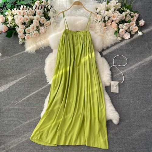 Kimutomo French Beach Holiday Style Dress Women Summer Long Chic Dresses Female Solid Color Slash Neck High Waist Casual Robes