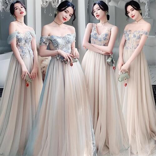 Bridesmaids Dresses Illusion Embroidery Pearls Sequined Beading Floor-Length Off The Shoulder Lace Women Wedding Party Gown E260