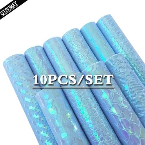 QIBU 10pcs/set Blue Synthetic Leather Sheets A4 Mermaid Snake Leopard Vinyl Fabric DIY Hairbow Accesories Home Decoration Crafts