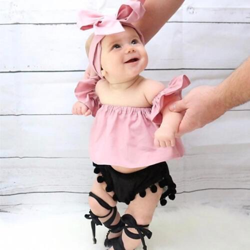 Pudcoco Girl Set 0-24M 3Pcs Toddler Baby Kids Girl Clothes Off Shoulder T-shirt+Short Pants Outfits Set