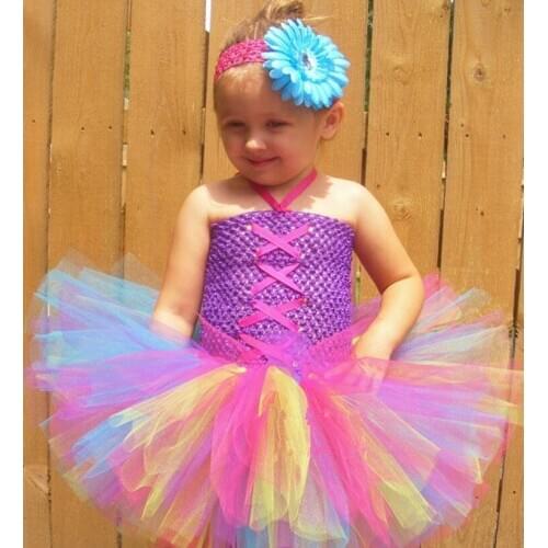 Colorful Baby Girls Crochet Tutu Dress Kids Tulle Dress with Crossed Ribbon Flower Hairbow Children Birthday Party Costume Dress