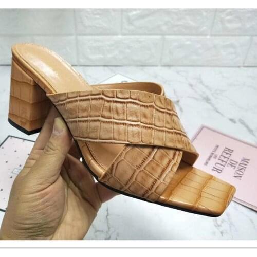 High heel Slippers Party Women Shoes Stone grain real leather slippers high quality latest style heel 6.5cm or 9cm