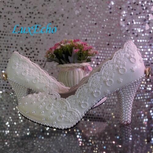 Lace flower wedding shoes woman high-heeled platform shoe white pearl crystal bow bridal shoes bridesmaid shoes womens Pumps