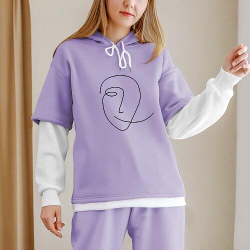 Contrast Patchwork Hoodie Female Korean Street Sweatshirt Full Sleeve Sweatshirts for Girls Abstract Pattern Oversized Pullover
