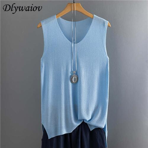 2020 Top Women Summer Sleeveless Knit Sexy Tank Rib Vest Female Elasticity Casual Loose Plus Size Camisole V Neck Split Tops