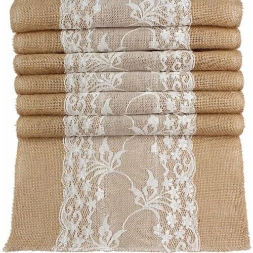 Vintage Lace Burlap Table Runner Natural Hessian Jute Wedding Tablecloth for Wedding Decoration Baby Shower Reception