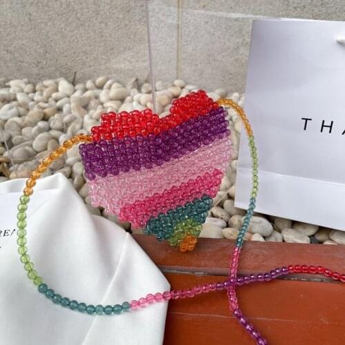 Rainbow Colour Mini Heart Shape Handmade Beaded Change Lipstick Single Shoulder Oblique Mouth Female Bag Pearl Messenger Bag