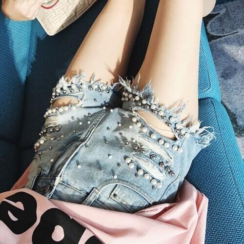 2019 Time-limited Regular Shorts Women Short Jeans Feminina Summer Shorts Solid Color Beaded High Waist Hole Burrs Hot Female