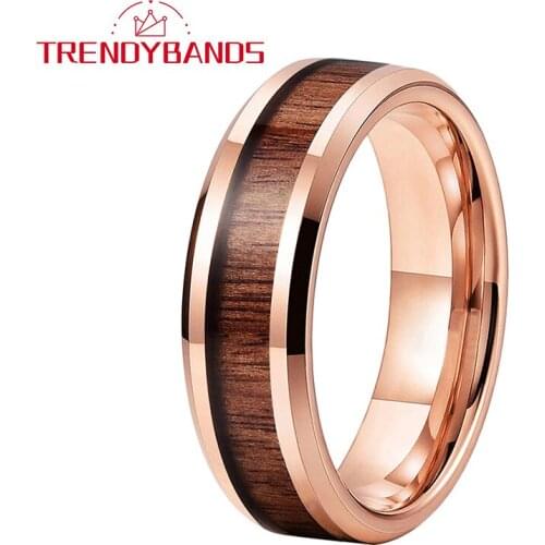 Women Men Tungsten Rings Wedding Band 6MM Rose Gold Beveled Edges Polished Shiny Comfort Fit