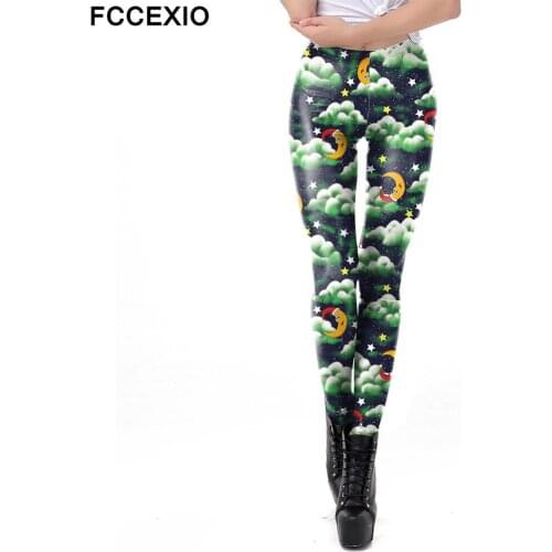 FCCEXIO Moon in a Santa Hat 3D Print Women Leggings Sexy Fitness Pants Autumn Fashion Trousers Workout Elastic XMAS Leggins