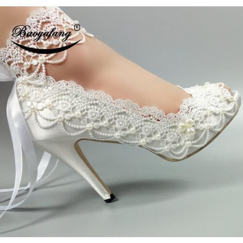 BaoYaFang Ankle strap Womens wedding shoes Lace-Up Peep Toe Open side fashion shoes woman High heels platform shoes Open Toe