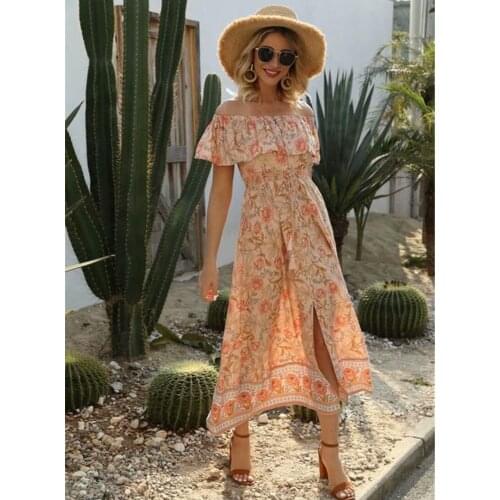 Happie Queens women Floral print off shoulder beach Bohemian maxi dress Ladies strapless Boho Tassel happie dress vestidos
