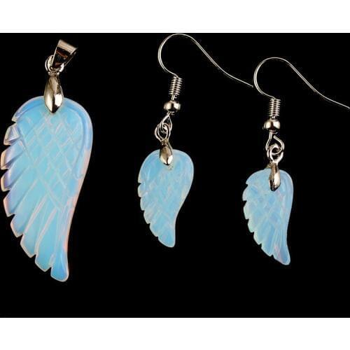 100-Uniqe 1 Set Silver Plated Angel Wing Opalite Opal Pendant Hanging Earrings Modern Jewelry Set