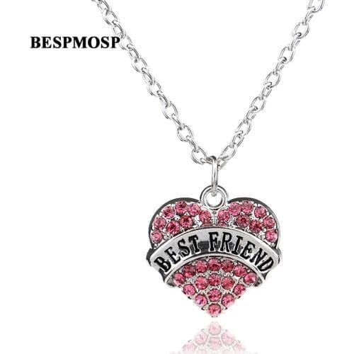 Bespmosp 24PCS/Lot Boho Style Pink Crystal Heart Pendant Necklace Letter Best Friend Friendship Jewelry Family Charm BFF Gifts