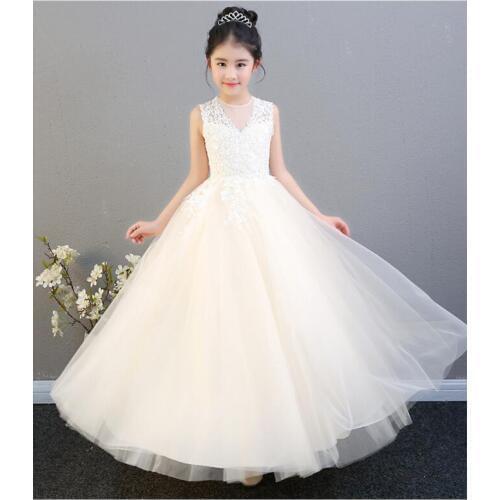 Elegant Champagne Tulle Flower Girl Dress For Weddings Lace Party Pageant Princess Gown Long Style Kids First Communion Dresses