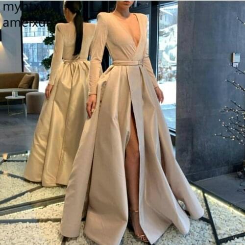 Hot New Arrival Long Sleeve Plus Size Evening Dress 2020 Ivory Dubai Arabic Formal Party Abendkleider Sexy Dresses Hi Low Dress