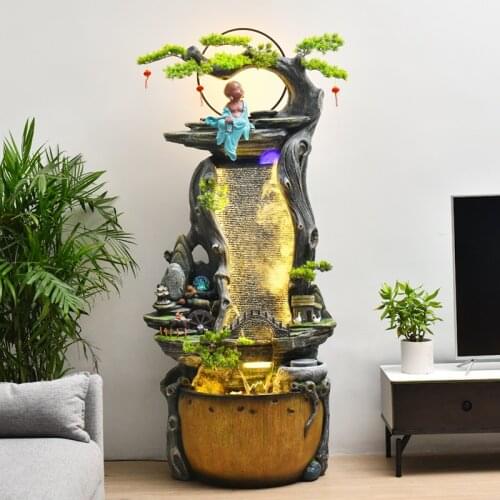 Chinese Zen Water Fountain Fish Tank Fengshui Wheel Decoration Indoor Humidification Root Carving Water Curtain Basin Landscape