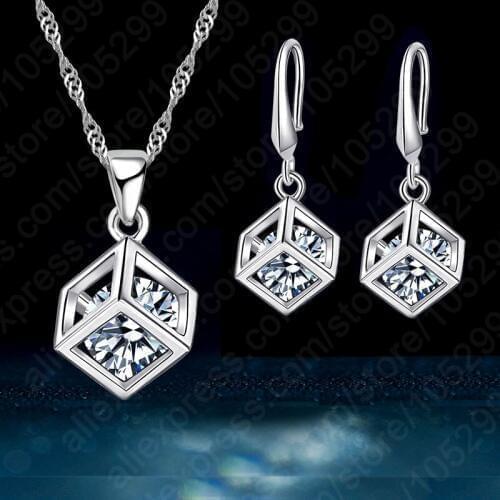Happy Cube 925 Sterling Silver Fine Jewelry Sets Inside Cubic Zirconia Square Pendant Necklace Earring Wedding Set Gifts