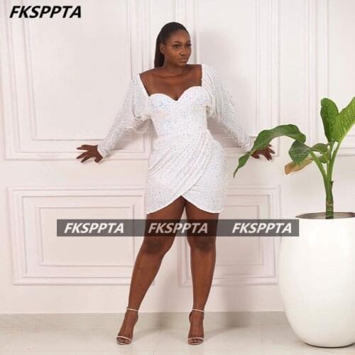 Short Plus Size Prom Dresses Long Sleeves Sweetheart Sparkly Sequins Black Girls Wedding Party Occasion Gowns Robe De Soiree